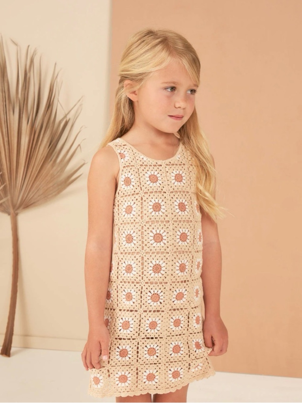 Rylee + Cru Crochet Tank Mini Dress | Neutral Granny Square | 4-5Y
